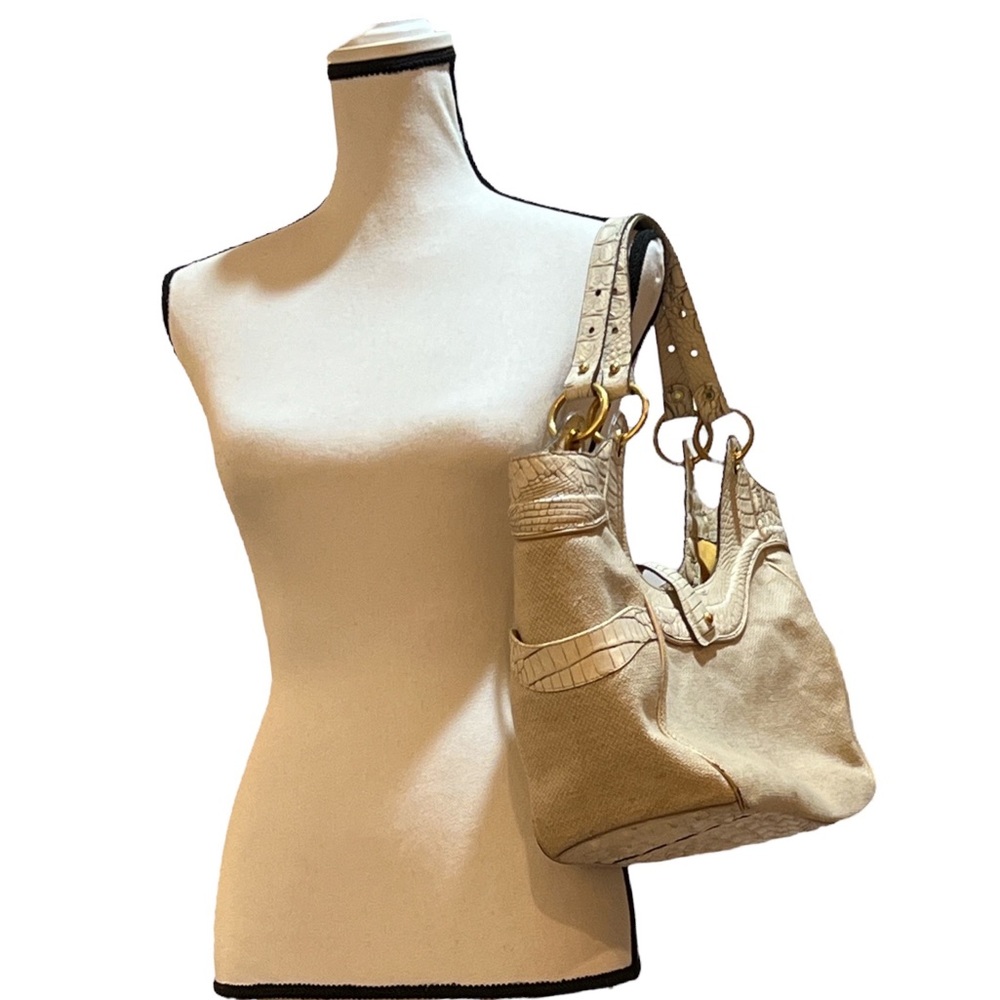 Brahmin VGC Natural Burlap & Fossil Melbourne Croc Emb Leather Shoulder Bag Lg